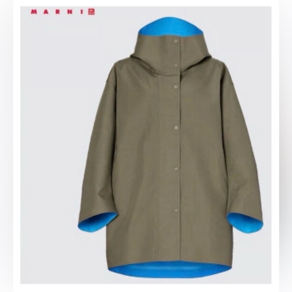 Marni for Uniqlo Olive Green Rain Coat with Bright Blue Lining